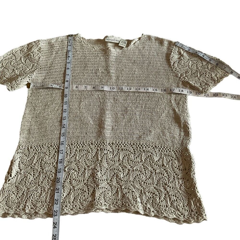 Signature Expressions Top Tan Ivory Crochet Short Sleeve Blouse Size Small - Picture 5 of 10